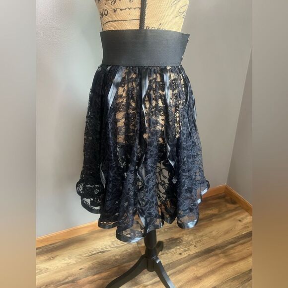 Vintage black tulle floral lace satin ribbon pleated bubble mini skirt Goth - Picture 5 of 12
